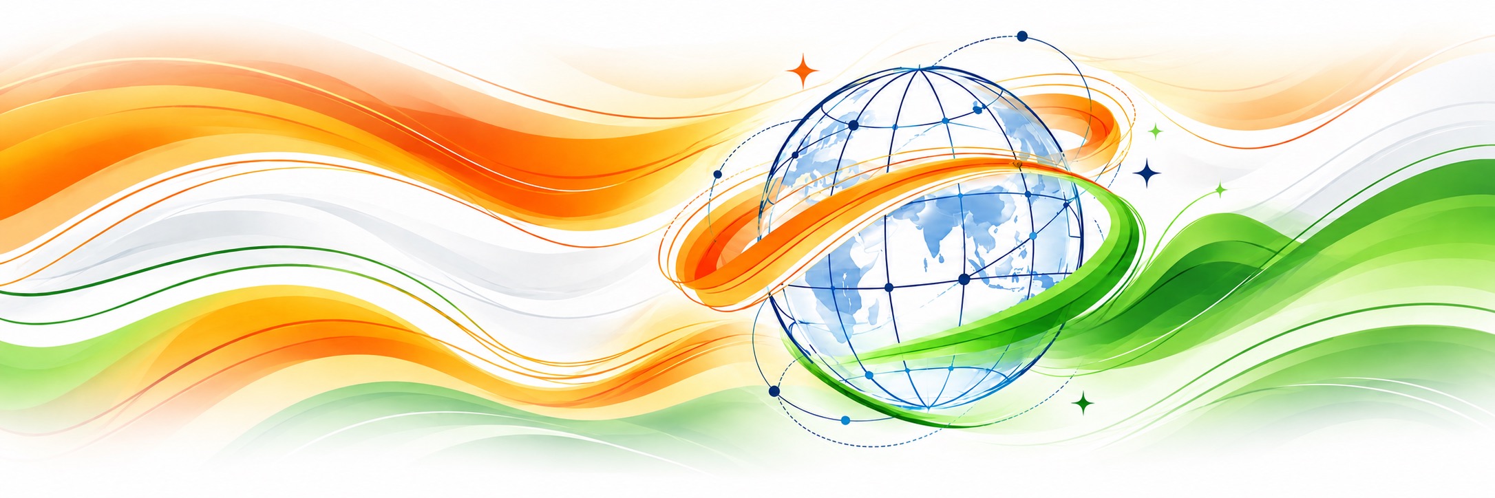 A blue globe wrapped in flowing saffron and green ribbons on a white background.